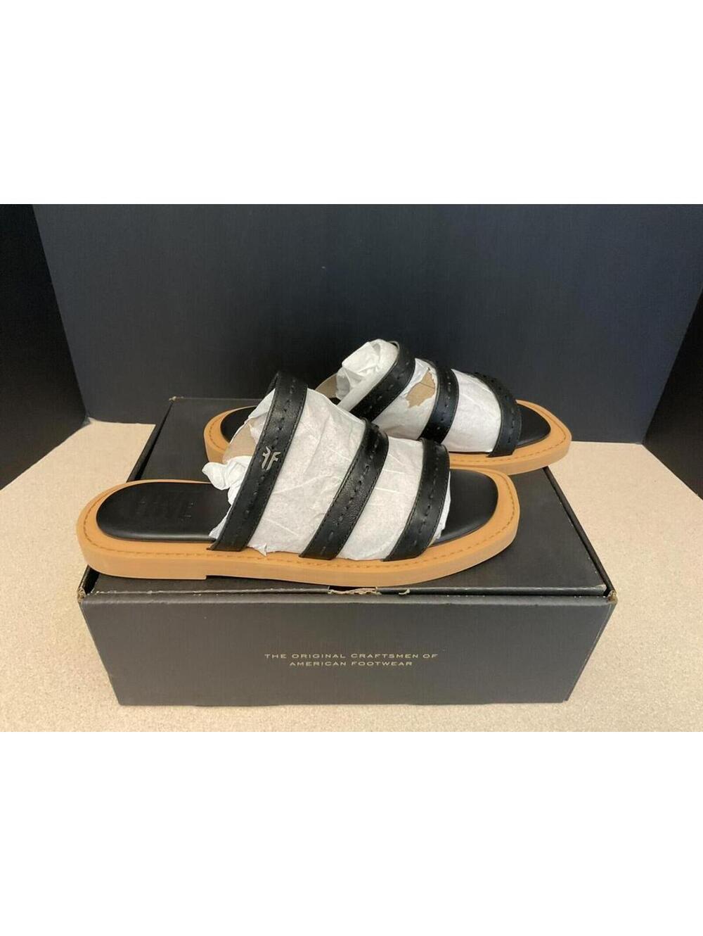 New! Womens Frye Faye Black Leather Strappy Slide Sandals. Size 7.5M. Awesome!